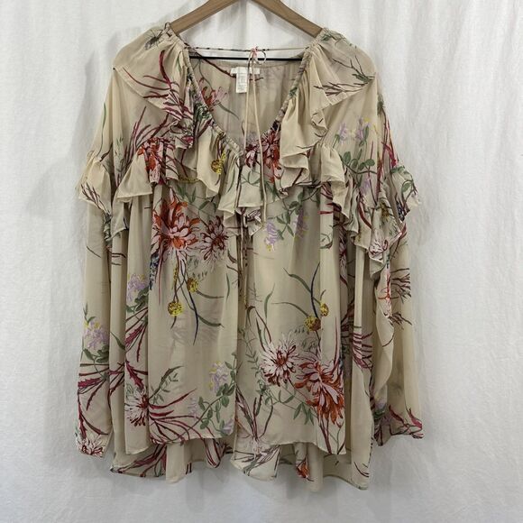 H&M Tops - H&M Flounce Trim Ruffle Floral Western Boho Top Womens Size L Romantic Sheer